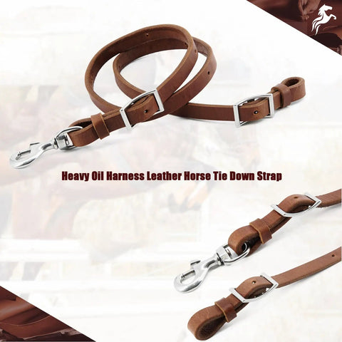 Heavy Harness Leather Western Roper Rein For Horses with stainless steel hardware in rich brown, 5/8 inch by 7 foot, close-up view.