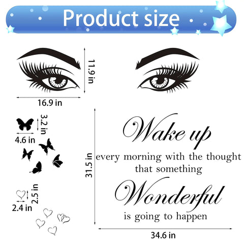 Motivational Quote Wall Stickers Set With Giant Eye Art And Butterflies, product size details and inspiring words display.
