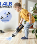 Child using Cordless Car Vacuum And Air Duster 18000Pa Beast Mode Power Handheld Vacuum with 130W brushless motor on hardwood floor