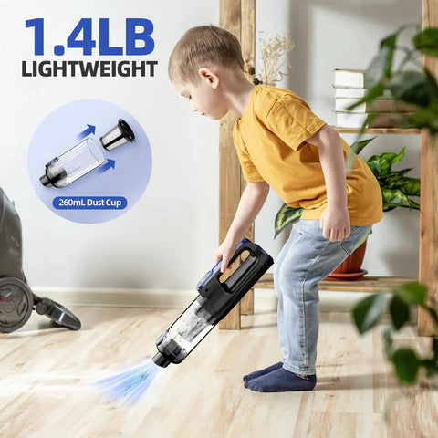 Child using Cordless Car Vacuum And Air Duster 18000Pa Beast Mode Power Handheld Vacuum with 130W brushless motor on hardwood floor