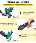Step-by-step setup for Pro Grade Copper Pipe Bender With Six Colorful Dies for one quarter to seven eighths inch tubes.