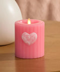 Flickering Flameless Pillar Candle 3.7x4.5 Inches With Real Flame Effect Pink Ribbed Wax Embossed Heart LED Light