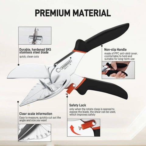 Product view of Angle Miter Shears Cutter For Molding And Trim, Adjustable 45 To 135 Degrees With Safety Lock, Durable Stainless Steel Blades.