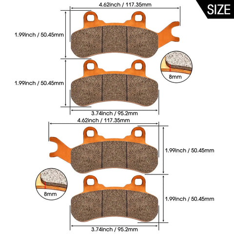 Can Am Maverick X3 Brake Pad Kit with size dimensions showing sintered copper front and rear sets for 4x4 XRS DPS Trail 800 1000