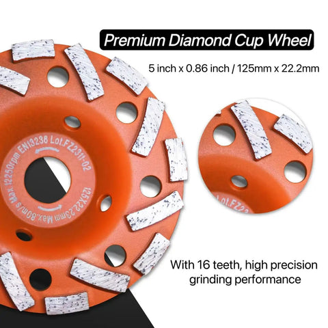 Close-up of an orange diamond cup wheel for Dust Shroud For Angle Grinder 4.5 To 5 Inch Kit with 16 teeth for high precision grinding