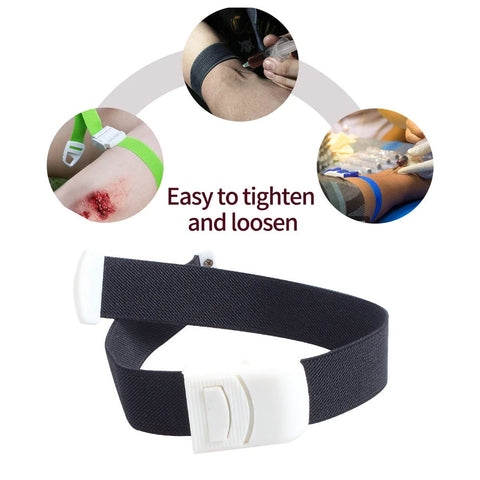 Front view of elastic tourniquet band, black fabric strap with white plastic quick-release buckle.