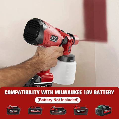Cordless Paint Sprayer Featuring A Powerful Brushless Motor And Three Adjustable Patterns For Flawless Cabinet And Fence Finishing A Smooth Operator Heavy Duty Workhorse Rig Built To Last Ready To Roll Without Battery Included in use with painted wall.