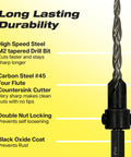 5 Piece Self Centering Countersink Drill Bit Set For Woodworking With Four Flutes M2 HSS And One Quarter Inch Hex Shank Depth Collar