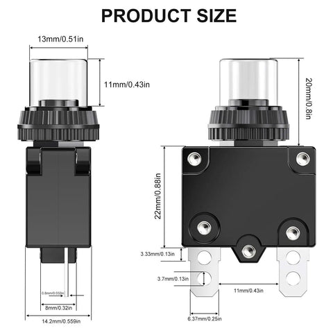 12 Amp Thermal Circuit Breaker With Push Button Reset Waterproof Button Cap Quick Connect Terminals 88 Series Built Tough For Automotive Marine And Industrial Power Systems 32VDC And 125 250 VAC, size diagram