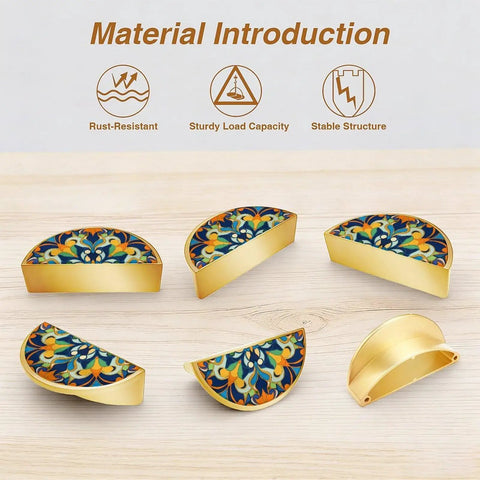 Two Pack Boho Floral Cabinet Handles With 3 Inch Center Holes Semicircle Drawer Pulls In Gold Finish Solid Zinc Alloy Hardware