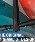 Close-up of Two Kayak Ceiling Rack For Garage Storage, Double Sided Hi Port Overhead Mount with red and blue kayaks