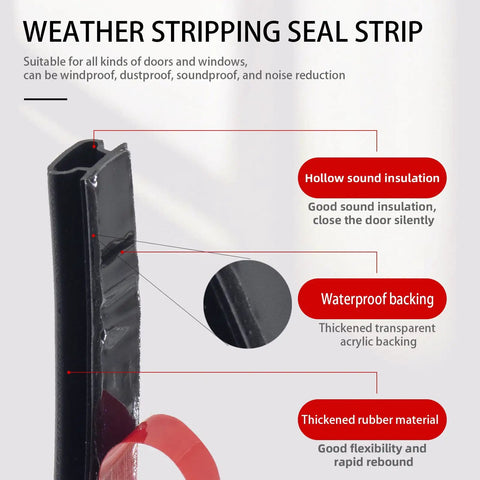 Close-up of Heavy Duty Rubber Weather Stripping Seal for Doors and Windows, showing hollow sound insulation and waterproof backing.