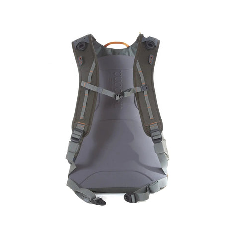 Back view of Ridgeline Fly Fishing Backpack For Real Anglers, showcasing foam shoulders and sternum strap features.
