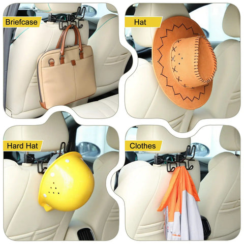 Hard Hat Holder And Gear Organizer For Truck And Car with briefcase, hat, hard hat, and clothes hanging on seat hooks.