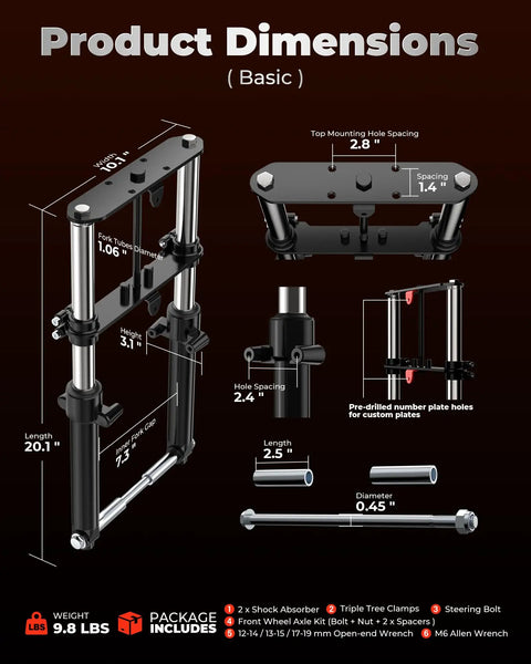 Mini Bike Front Fork Suspension Kit With Beefed Up Hydraulic Shocks Product Dimensions Diagram
