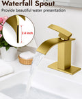 Gold Waterfall Bathroom Faucet With Pop-Up Drain, 304 Stainless Steel Sink Faucet on white basin, showing water flow