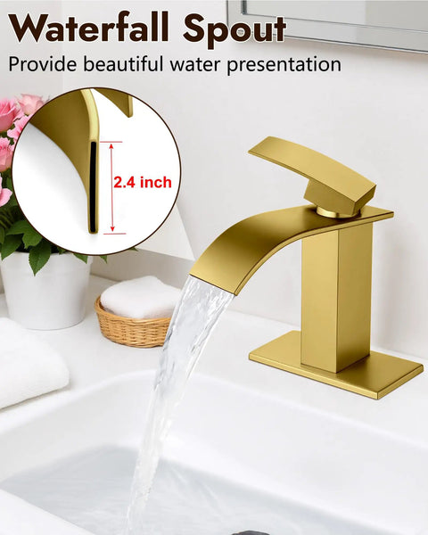 Gold Waterfall Bathroom Faucet With Pop-Up Drain, 304 Stainless Steel Sink Faucet on white basin, showing water flow