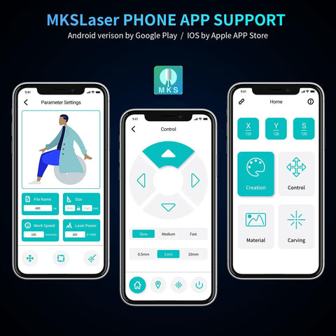 MKS app interface for 32 Bit ESP32 Offline Laser Engraver Mainboard Upgrade With WiFi And TFT Color Touch Screen For Desktop CNC And DIY Engraving LightBurn LaserGRBL Ready TS35 Cable Phone App And Web Control shown on phones