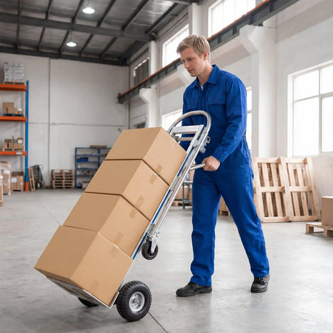 Person using Lightweight Aluminum Industrial Dolly Converts From Two Wheel Upright To Four Wheel Platform Tough As Nails Rust Proof Cargo And Storage Cart For Warehouse Factory Retail Store And Office in warehouse