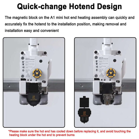 3 Pack Hotend Kit With 0.2mm 0.4mm 0.6mm Nozzles For 3D Printers, Replacement Print Head Compatible With Bambu Lab A1 And A1 Mini installed, showing quick-change design.