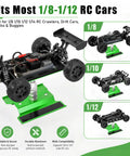 Adjustable Aluminum RC Car Repair Stand With 360 Degree Rotation holding 1/8 scale RC car, showing compatibility with various scales.