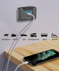 Two Pack 78W 4 Port 12V USB Wall Mount Charger Panel with phone charging on wooden table, suitable for vehicles.