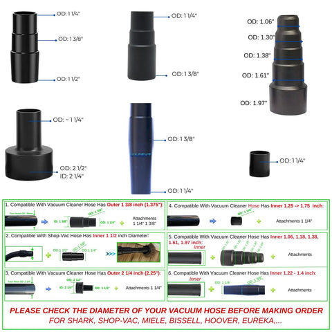 Easy Fit Vacuum Hose Adapter Kit For 1 1/4 Inch Attachments, Seals 33mm To 38mm Hoses visual guide and compatibility chart