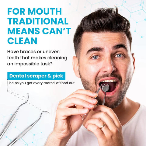 Man using At Home Plaque Remover Kit With Stainless Steel Dental Tools, showcasing dental pick and mirror for deep clean.