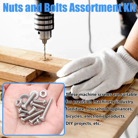 Grab-And-Go 304 Stainless Steel Nuts And Bolts Kit With 237 Pcs shown with hand holding nuts, DIY repairs in background.