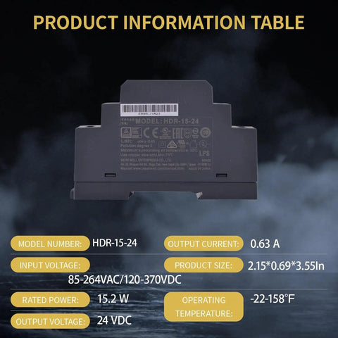 Knockout Ultra Slim Din Rail Power Supply 15W 24V Dc Converter with product specifications on display.