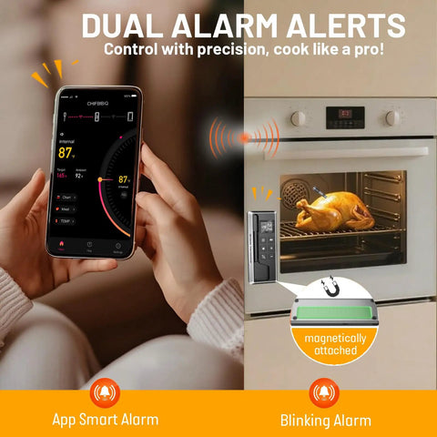 Wireless Meat Thermometer With Smart Timer And App Control For Grill, BBQ, Oven And Smoker in use with smartphone app and oven