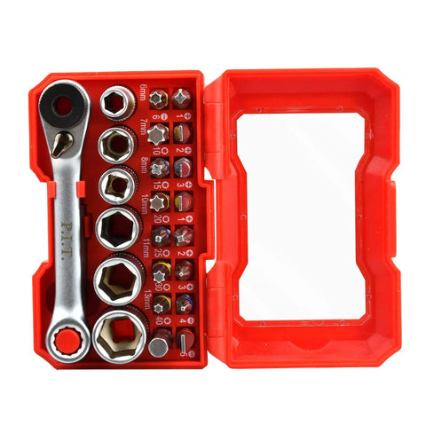 Ratcheting Screwdriver Bit And Socket Set with Magnetic Precision Bits displayed in red case with 72-Tooth Ratchet Wrench