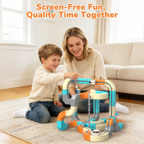 Epic 82 Piece Electric Train Set With 3D Flexible Race Track For Kids Ages 3 4 5 6 7 8 Gravity Defying Rail Building Toys With Rechargeable Trains STEM Learning Gift For Birthday, child and mother playing