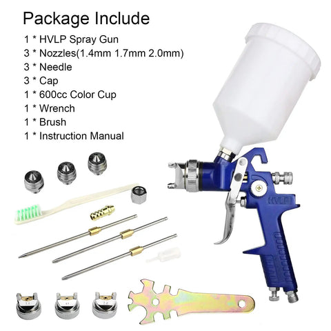 HVLP Spray Gun With Replaceable 1.4mm 1.7mm 2.0mm Nozzles And 600cc Cup with accessories, including wrench and brush