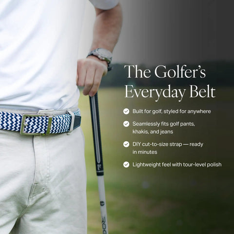 Man wearing Braided Golf Ratchet Belt For Men With Adjustable Stretch Fit Up To 50 Inch Waist Cool Grey 35mm Strap Woven Belt