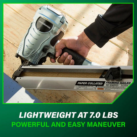 Close-up of Pro Grade Framing Nailer For Roofing, Flooring, Truss Build Up, Subfloor And Decking NR90ADS1 on wood surface