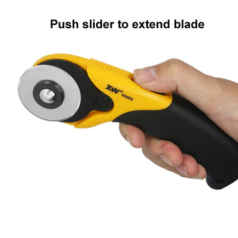 Hand holding 45mm Rotary Cutter And Precision Knife Set For Art Quilting And Crafting With ergonomic aluminum handle and anti-slip grip.