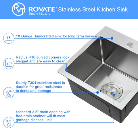 15 X 17 Inch Drop-In Black Nano Finish Bar Sink 304 Stainless Steel Prep Sink With Basket Strainer Fits Standard 18-Inch Base Cabinets Ideal For Home Bar Kitchen Prep And Small Space Use with product features displayed