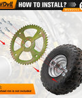 50T Rear Chain Sprocket for 420 Chain Fits Mini Bikes Like CT100U CC100X RB100 B100 DB30 MMB80 MMB105 MBX10 Motovox and More Heavy Duty Steel Gear for Off Road Fun installation guide showing sprocket and wheel assembly