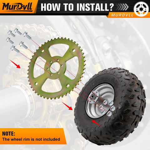 50T Rear Chain Sprocket for 420 Chain Fits Mini Bikes Like CT100U CC100X RB100 B100 DB30 MMB80 MMB105 MBX10 Motovox and More Heavy Duty Steel Gear for Off Road Fun installation guide showing sprocket and wheel assembly