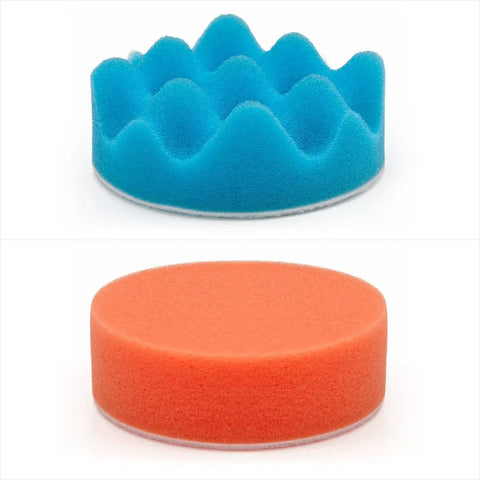 Blue and orange 3-inch sponge pads from Pro Grade Car Foam Drill Polishing Pad Kit 22 Piece With 3 Inch Sponge Pads Wool Buffers Drill Adapters And Suction Cups For DIY Auto Detailing Waxing Polishing And Sealant