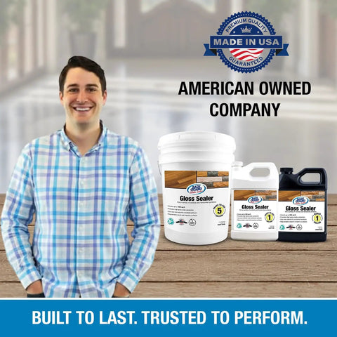 Pro Level Gloss Water Based Acrylic Sealer Protecting Wood Concrete Brick And Masonry With A Slick High Shine Seal For Zero Sweat Application Inside Each 5 Gallon Value Pack Two, displayed with 5 gallon container.