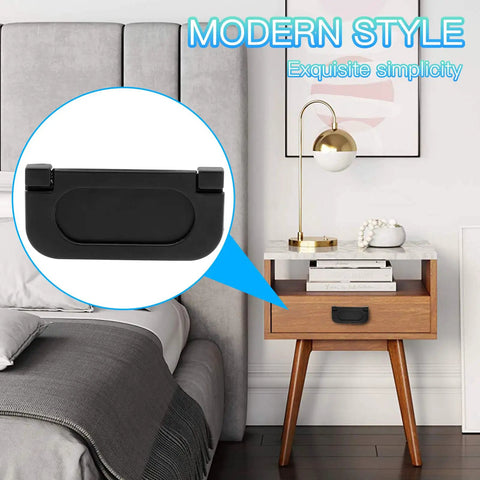 Bedroom scene showing a 6 Pack 3 Inch Flush Ring Pull Handles Hidden Recessed Metal Black Sliding Cabinet Pulls With Screws installed on a nightstand.