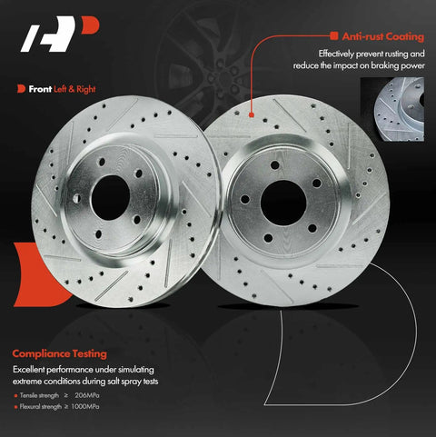Front view of 12.6 Inch Front Drilled And Slotted Disc Brake Rotors With Ceramic Pads Kit Beefed Up 6 Piece Set for Nissan
