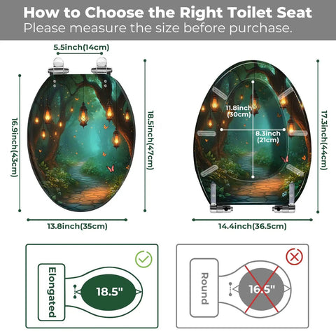 Toilet Seat Elongated Resin for Bathroom, size guide showing measurements for elongated and round toilet seats.