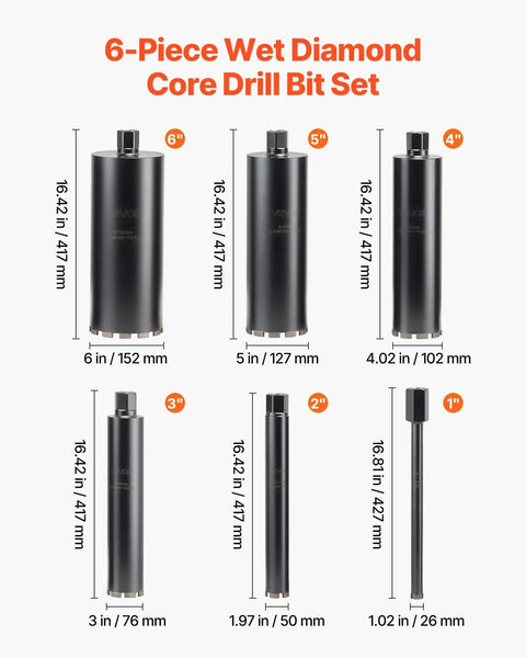Pro Grade Wet Diamond Core Drill Bit Set For Concrete And Masonry, 6 Piece With Inch Sizes 1/2 to 6, 1-1/4 In 7 UNC Thread