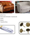 Bronze Upholstery Tacks 100 Pack Decorative Nail Heads For Furniture displayed on sofas with measuring tape and loose tacks.