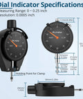 Dial indicator with specifications for 0-0.25 inch range and 0.0005 inch resolution, shown in side and front views, black casing.