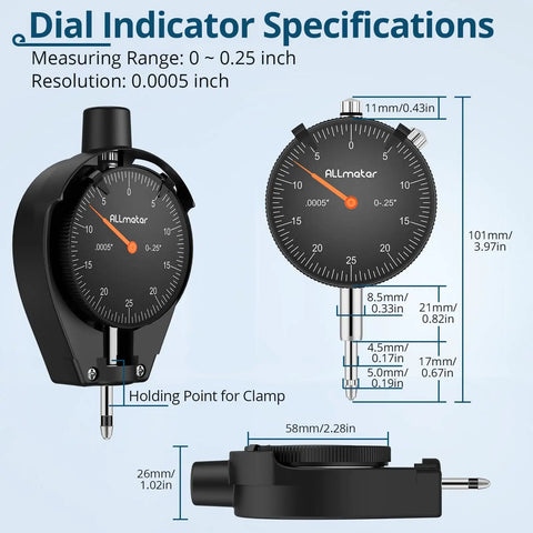 Dial indicator with specifications for 0-0.25 inch range and 0.0005 inch resolution, shown in side and front views, black casing.