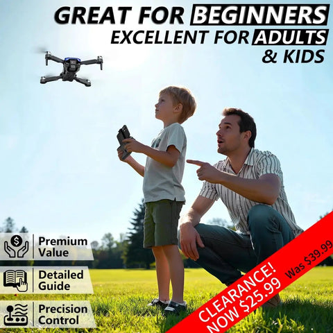 Father and son operating Foldable FPV Drone For Kids And Adults With 1080P HD Camera Carry Case Gesture Control Selfie Altitude Hold.